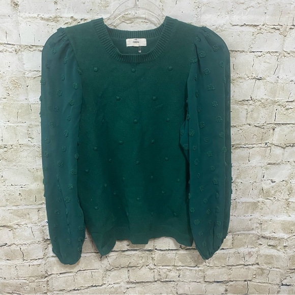 Entro Green Pom Embroidered Sheer Sleeev Soft Sweater - Picture 1 of 5